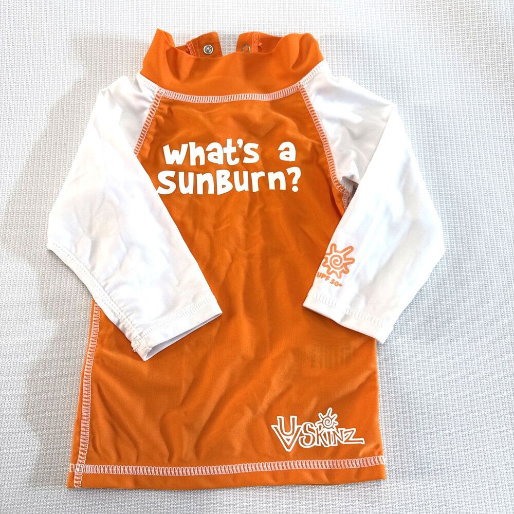 UV Skinz Rash Guard Shirt Unisex Size 12 - 24 Months Orange White Long Sleeve